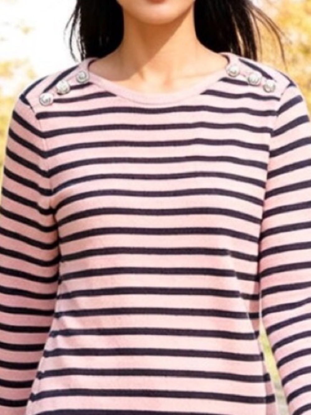 Karl Lagerfeld Pink and Black Crew Neck Sweater with Silver Logo Button Accents